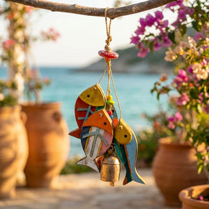 Colorful wooden fish wind chime hanging, with pink flowers and blue sea in the background.