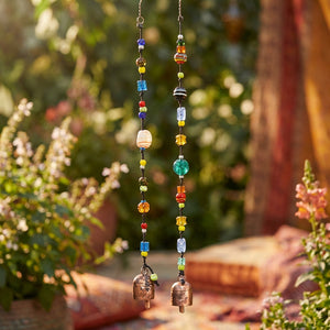 Colorful beaded strings with small metal bells, hanging outdoors in a sunlit garden setting.