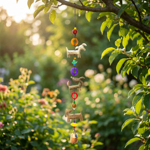Colorful hanging ornaments with animal figures, beads, and circles on a tree branch in a sunny garden.