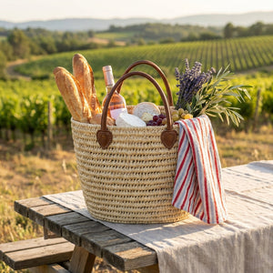 Wicker basket with baguettes, wine, cheese, and grapes on a picnic table in a vineyard setting.