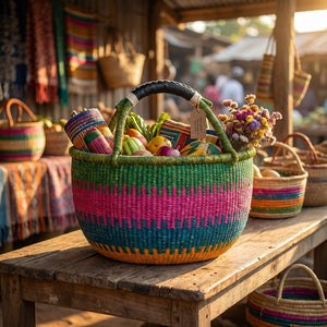 Colorful woven basket on a wooden table, filled with fruits and flowers, in a sunny market setting.