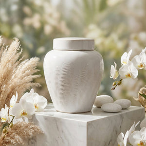 White ceramic jar on marble platform with orchids, pampas grass, and smooth stones; soft blurred background.