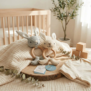 Two plush bunny rattles on a beige blanket near a crib, with wooden blocks and eucalyptus.