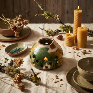 Ceramic candle holder with holes, surrounded by yellow candles, dried flowers, and green plates.