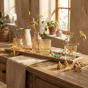Glassware and dried flowers on a wooden tray, sunlit table, beige tones, rustic decor.