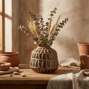Ceramic vase with dried wheat and eucalyptus on a wooden table, warm earthy tones.