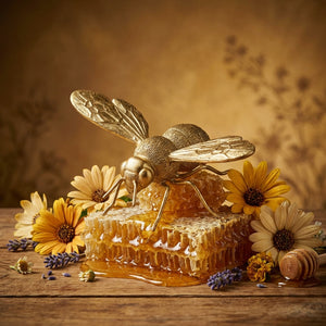 Golden bee sculpture on honeycomb with flowers on a wooden table, warm brown background.