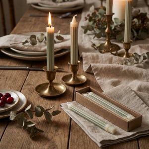 Set of two grey striped unscented taper candles from CCOI in a box, with approximately 6-hour burn time, for candles and matches.