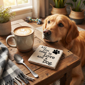 Ceramic coaster with "All You Need Is Love and a Dog" quote, featuring a dog illustration, from Tipsy Coasters & Gifts.