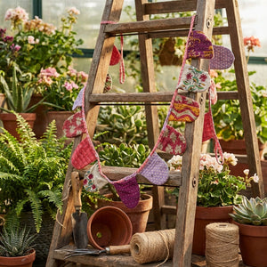 Rustic wooden ladder with colorful fabric bunting, surrounded by potted plants and garden tools.