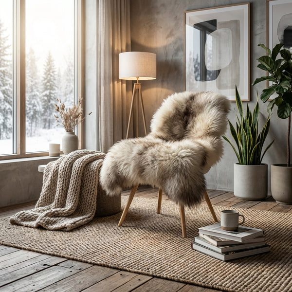 Cozy room with fur-draped chair, knit blanket, plants, and a lamp by a snowy window.