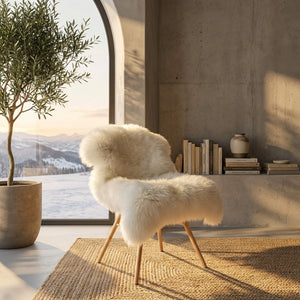 Cozy chair with white fur, potted plant, books, and jar by a window overlooking snowy mountains.