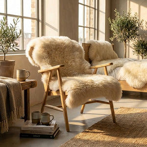 Cozy room with wooden furniture, fluffy beige throws, potted plants, and soft sunlight streaming in.