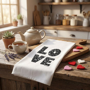 Green Bee Love Kitchen Towel featuring a colorful heart design, cotton tea towel for kitchen use, hanging on a hook.