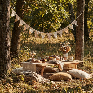 Rustic picnic setup with bunting, wooden table, cushions, dried flowers, and food in a forest setting.