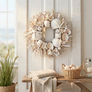 Seashell wreath on white door, with a wooden bench holding folded linens and a basket of shells.