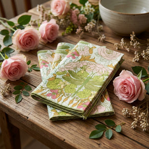 Set of four Dragonfly Garden cloth dinner and cocktail napkins by Dot and Army, with intricate floral and dragonfly designs.