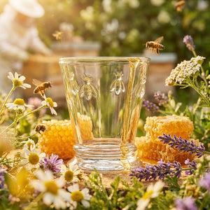 Glass with bee motifs, surrounded by flowers, honeycomb, and bees in a sunny garden.