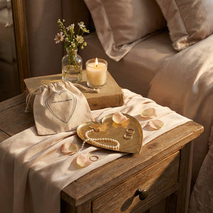 Hammered brass heart-shaped dish by CCOI with engraved "Once Upon a Dream" design, decorative bowl for home decor.