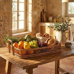 Basket with oranges, lemons, grapes, artichokes, and bread on a wooden table in a sunlit kitchen.