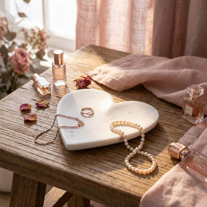 Marble heart-shaped decorative dish from CCOI, elegant tray for jewelry or small items, with a smooth, polished surface.