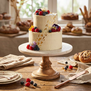 Two-tiered white cake with gold accents and berries on a wooden stand, set on a rustic table.