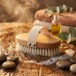 Wooden brush with white bristles on wet wood, surrounded by stones, towels, and a bottle.