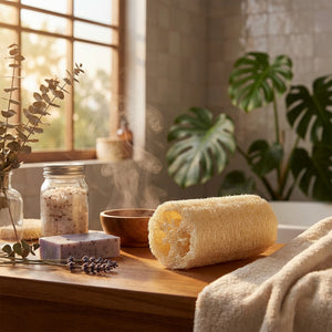 Natural bath loofa brush with cotton rope hanger, CCOI bathroom decor accessory for exfoliating and hanging.