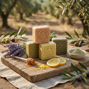 Handmade soaps on a wooden board with lavender, honey, lemon slices, and olive branches, outdoors.