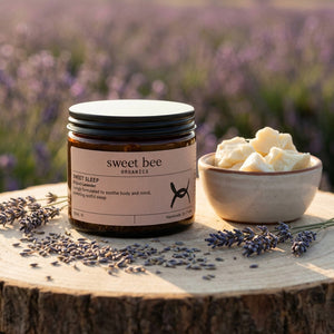 Sweet Bee Organics Sweet Sleep Magnesium Butter jar with natural ingredients, creamy texture, and herbal label.
