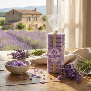 Set of 10 La Belle France guest soaps in assorted scents or lavender, displayed in a gift sachet.