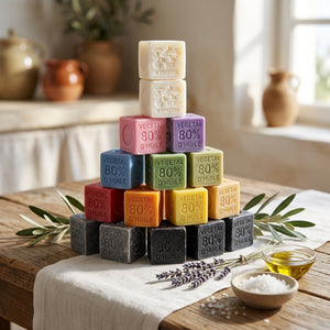 Colorful soap cubes stacked in a pyramid on a wooden table, surrounded by olive branches.