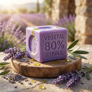 Purple soap cube on wooden slab, surrounded by lavender and olive leaves, in sunlit field.