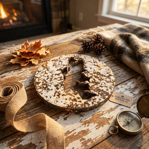 Rustic wooden table with a compass, pinecones, burlap ribbon, autumn leaves, and metal leaf cutout.