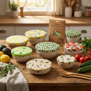 Reusable CCOI beeswax food covers with fun printed designs for food storage, eco-friendly and flexible kitchen accessories.