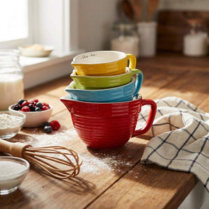 Set of four CCOI kitchen measuring bowl cups with batter and liquid measurement markings, ideal for baking and cooking.
