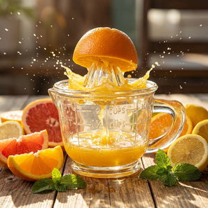 Orange juice splashes from a glass juicer, surrounded by sliced citrus fruits on a wooden table.