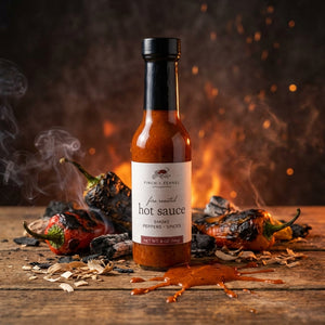 Bottle of FF Fire Roasted Hot Sauce with fiery red label, showcasing the spicy sauce inside and a bold fiery theme.