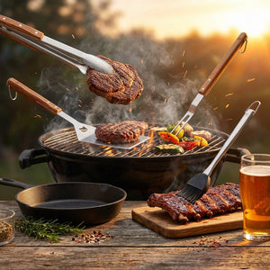 Barbecue grill with meat, vegetables, and tools at sunset; beer and herbs on wooden table.
