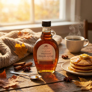 Bottle of Vermont maple syrup next to pancakes, coffee, autumn leaves, and cinnamon sticks on a table.