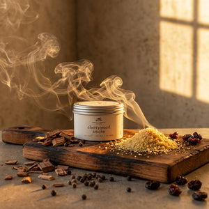 Tin of cherrywood smoke salt on wooden board, surrounded by smoke, spices, and warm sunlight.