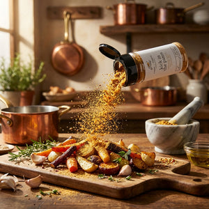 Spice jar sprinkling seasoning on roasted vegetables; warm kitchen with copper pans in background.