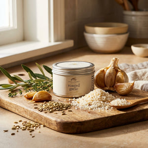 Tin of roasted garlic, whole garlic, herbs, and spices on a wooden board in a sunlit kitchen.