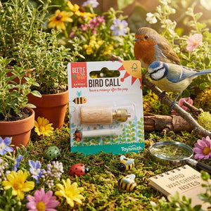 Bird call toy with birds, potted plants, flowers, ladybugs, bees, magnifying glass, and notes.