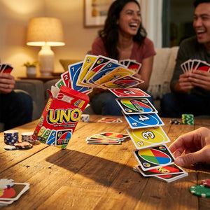 Toysmith UNO game deck with colorful cards in a close-up shot, showcasing the classic card game for family fun.