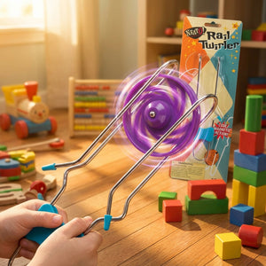 Child playing with a spinning purple rail toy, surrounded by colorful wooden blocks and toys.