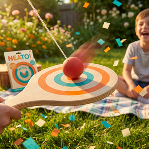 Paddle with red ball on string, orange and blue target design, confetti, child laughing in the background.