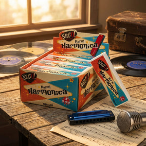 Retro harmonica boxes on a wooden table with vinyl records, a blue harmonica, and a microphone.
