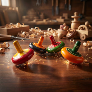 Four colorful spinning tops with sparks on a wooden table in a workshop setting.