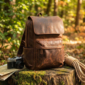 Brown leather backpack on a mossy stump with a vintage camera, map, and rope in a sunlit forest.
